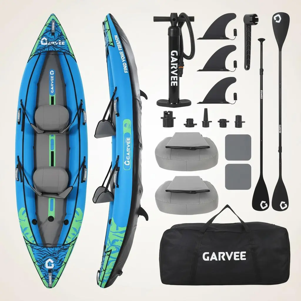 Inflatable Tandem Kayak for 2 Adults – 12.5FT, 450LB Capacity, 3 Removable Fins, Padded Seats, Hand Pump, Carry Bag, Repair Kit – Dog Friendly, Easy Setup, Ideal for Lake & Fishing