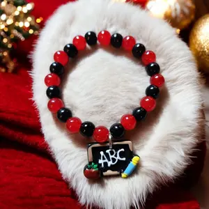 Red And Black Beaded Bracelet With ABC Teacher Charm
