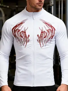 Men's Gothic Print Full Zip Tight Fit Jacket, Long Sleeve Quick Dry Sports Top, Moisture Wicking Breathable Gym Training Streetwear