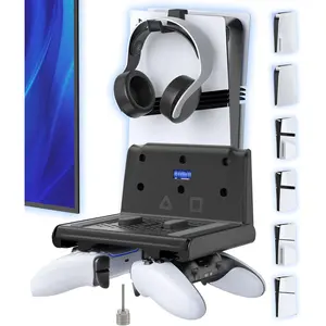 P5 Wall Mount Kit with Controller Holder Compatible with P5/Slim/Pro Disc & Digital, Pa5 Mount Floating for Gaming Accessories, Compact Pa5 Vertical Wall Shelf Organizer Bracket with Headphone Hook