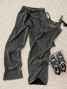 Teenage Girl Fashion American Vintage Washed Strap Wide Leg Pants, Kids Casual Cool Influencer Set, Two-Piece Leisure Long Pants Set, Summer Outfits Set