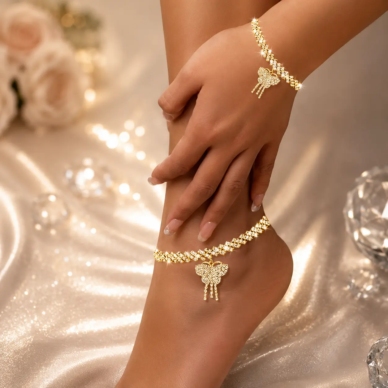 Women's 2-Piece Elegant Matching Jewelry Set - Butterfly Theme Claw Chain Anklet, Metal Coating Bow Bracelet with Moissanite for Engagement Party, Date (summerwins), Elegant Jewelry Set, Bracelets For Women, Cute Anklets, Aesthetic Anklets