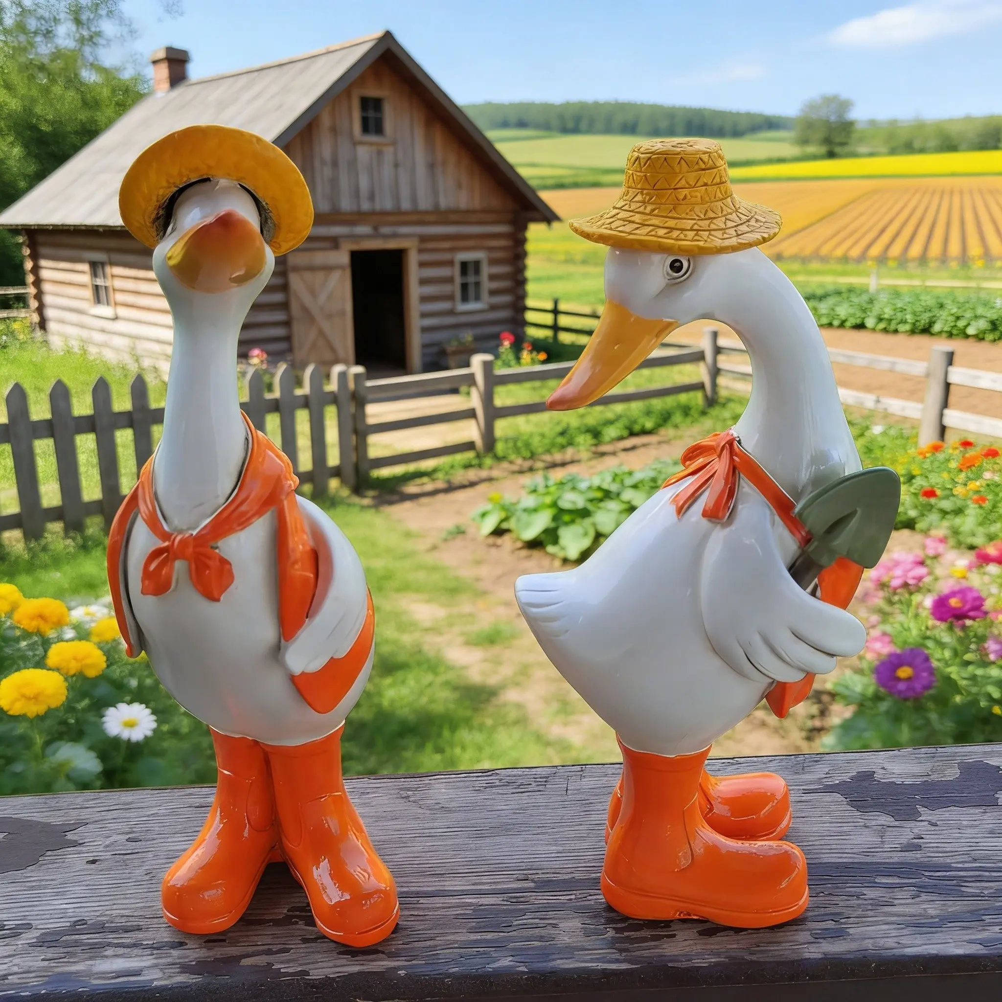Creative Couple Duck Resin Ornament, Exterior Decorative Statues, Garden Decoration Hat Duck Yard Landscaping Decor, Realistic Creative Design, No Precious Metal Plating
