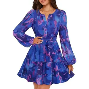 MEROKEETY Fall Wedding Guest Dresses for Women Long Sleeve Floral Casual Lightweight Flowy Swing Boho Dress Pockets