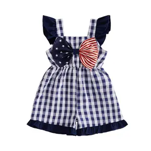 Toddler  4th of July Outfit Girls Plaid Jumpsuit Fourth of July Bow Decor Flying Sleeve Overalls Shorts Little Girls Summer Clothes