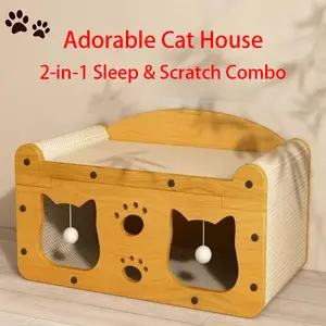 【2 in 1】Cat Bed with Scratching Board Pet Furniture for Indoor Cats Suitable for multiple cats Durable Double Layer Design Cat Bed Stylish and Comfortable Cat Furniture for All Seasons Wooden cat bed