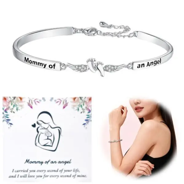 Women's Angel Wing Cuff Bracelet, Custom Engraved with "Mommy of an Angel", Elegant Memorial Jewelry Gift, Custom Engraved Bracelets & Bangles, Elegant Minimalist Bangle, Casual Wear, Memorial Gifts, Custom Personalized Bracelets & Bangles