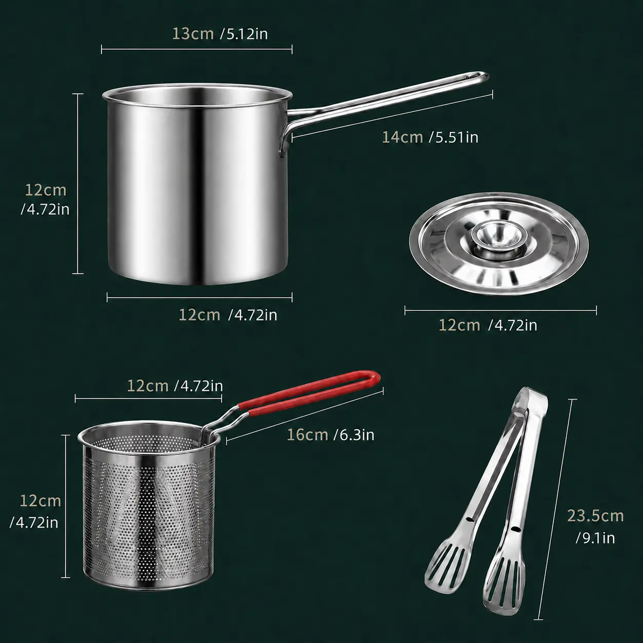 3Pcs Stainless Steel Deep Fryer Set - 5.12*4.72in 1-Person Mini Pot with Fry Pot, Filter Basket & Food Clip, Rust-Resistant Portable Cookware for Home Kitchen Chips, Chicken Wings
