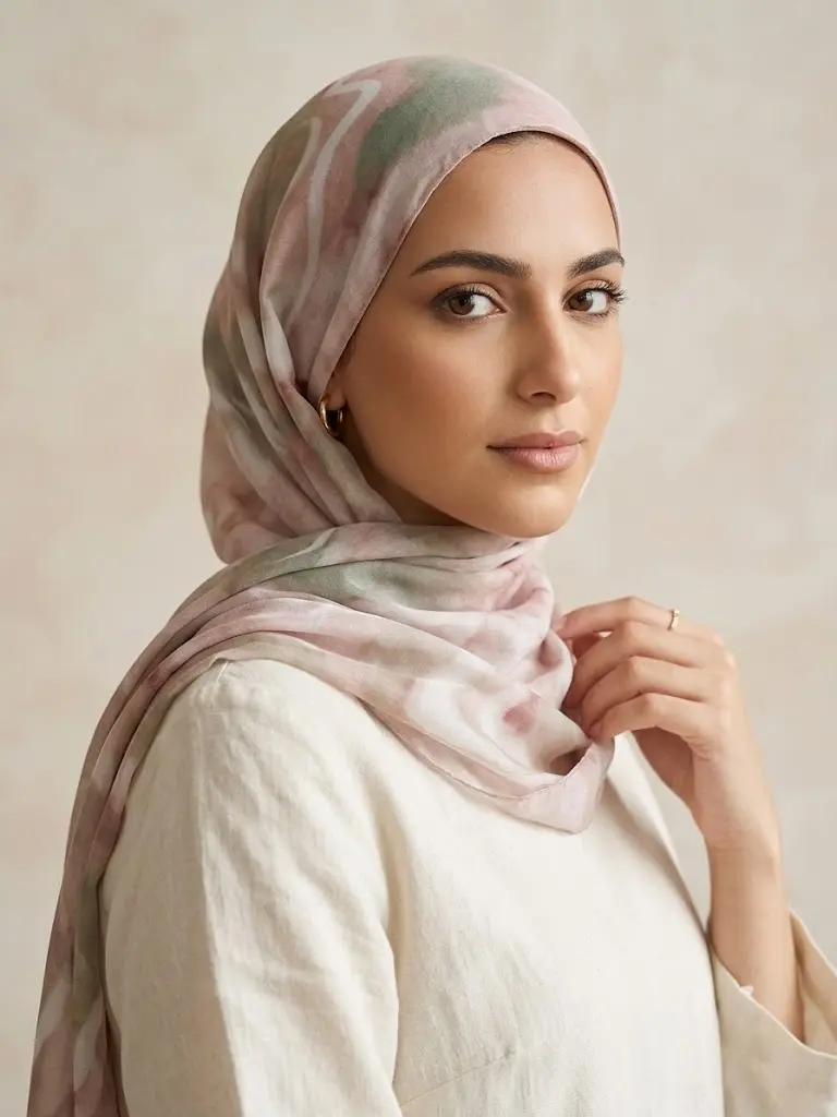 Women’s watercolor floral chiffon hijab headscarf, soft lightweight printed headscarf, a modest everyday head covering suitable for Muslim women