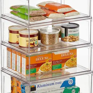 Plastic Stackable Kitchen Storage Organizer Bin Containers with Front Pull Drawer for Cabinet, Pantry, Fridge, Freezer, Shelf, Refrigerator Organization - Lumiere Collection - 4 Pack - Clear