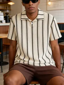 Men's Knitted Jacquard Stretch Aesthetic Striped Fitted Polo Shirt, Short Sleeve Casual Breathable Top, Soft Golf & Tennis Daily Wear, Comfortable Sports Apparel