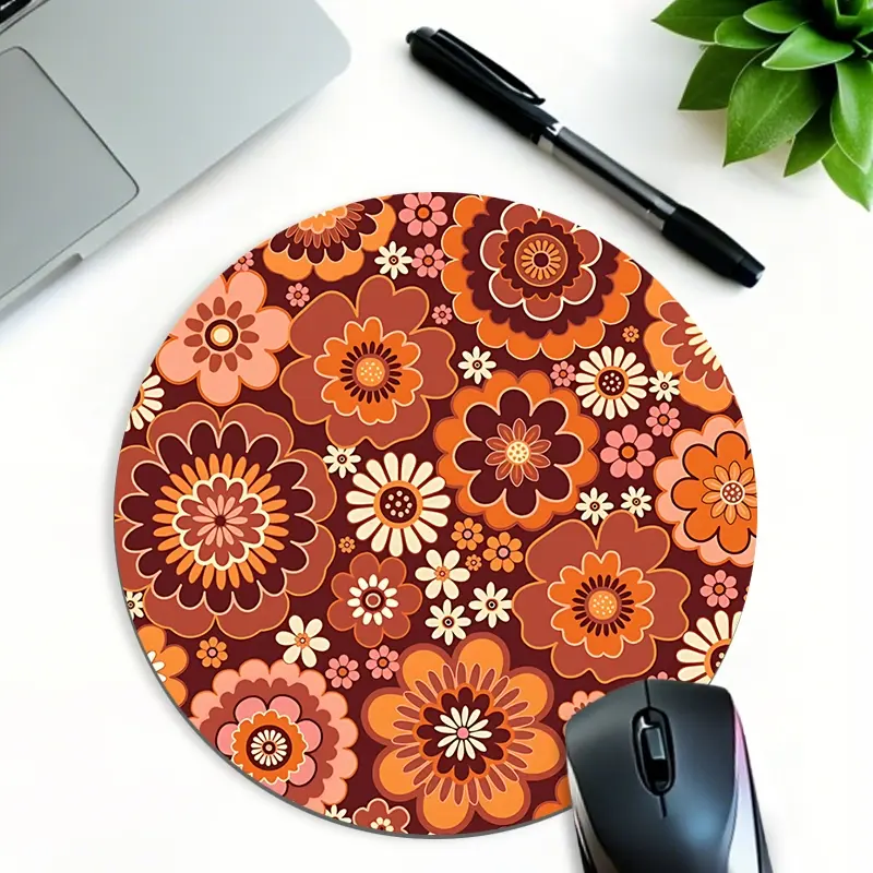 Floral Pattern Mouse Pad Small Round Mouse Pads Brown Retro Garden Style Gaming Mouse Pad Desk Pad Non-Slip Rubber Base for Office Work and Home Desktop Decor An Ideal Gift for Friends and Women