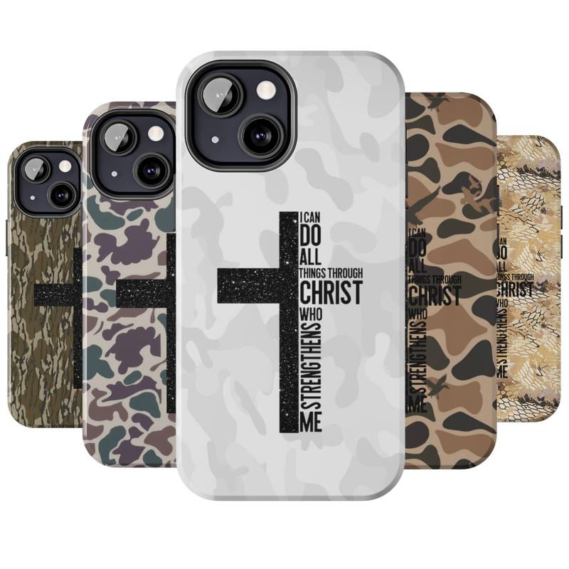 Vintage I Can Do All Things Through Christ Who Strengthens Me Camo Cross Phone Case, Ol School Camo Aesthetic For iPhone 17 16 15 14 13 12 11 X 8 Plus, Durable Cover