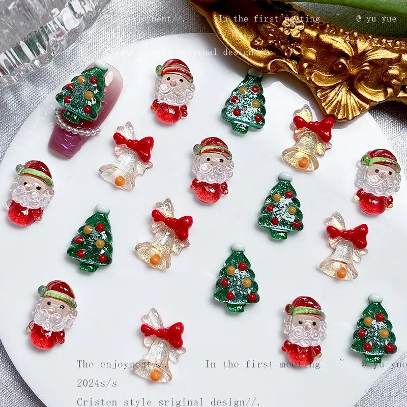 Christmas Resin Nails Charms Ice Transparent Sparkling Santa Claus Bell Christmas Tree Nail Art Accessories DIY Decorations 10pc