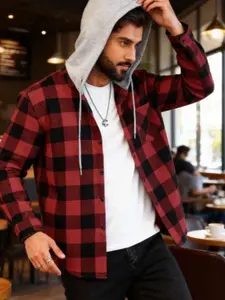 【Plus Size】 Men's Plaid Checkered Print Hooded Shirt, Long Sleeve Casual Shirt, Comfortable & Stylish, Fits All Seasons, Ideal for Outdoor Activities