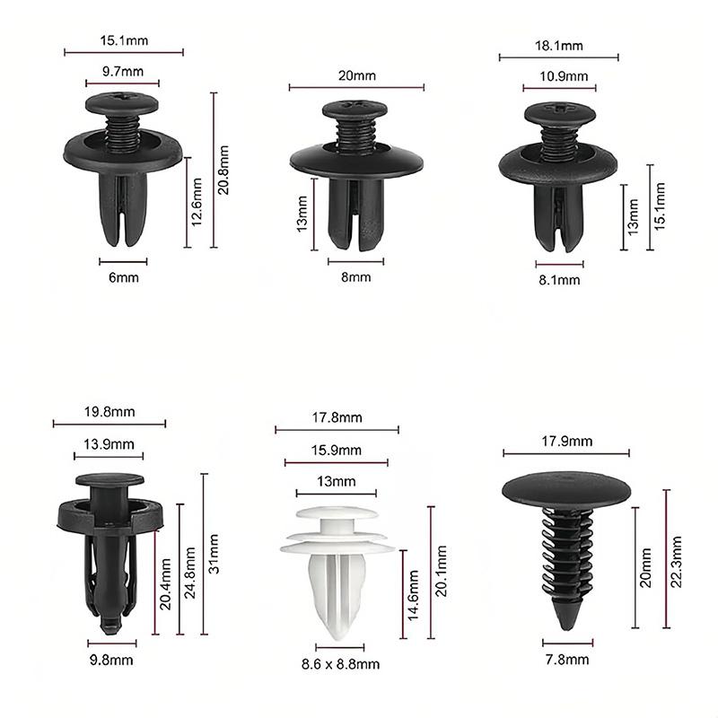 The universal HE26 automotive fastener buckle set includes 100 buckles and 6 types of plastic fasteners, suitable for maintenance and installation of body parts such as bumpers and fenders.