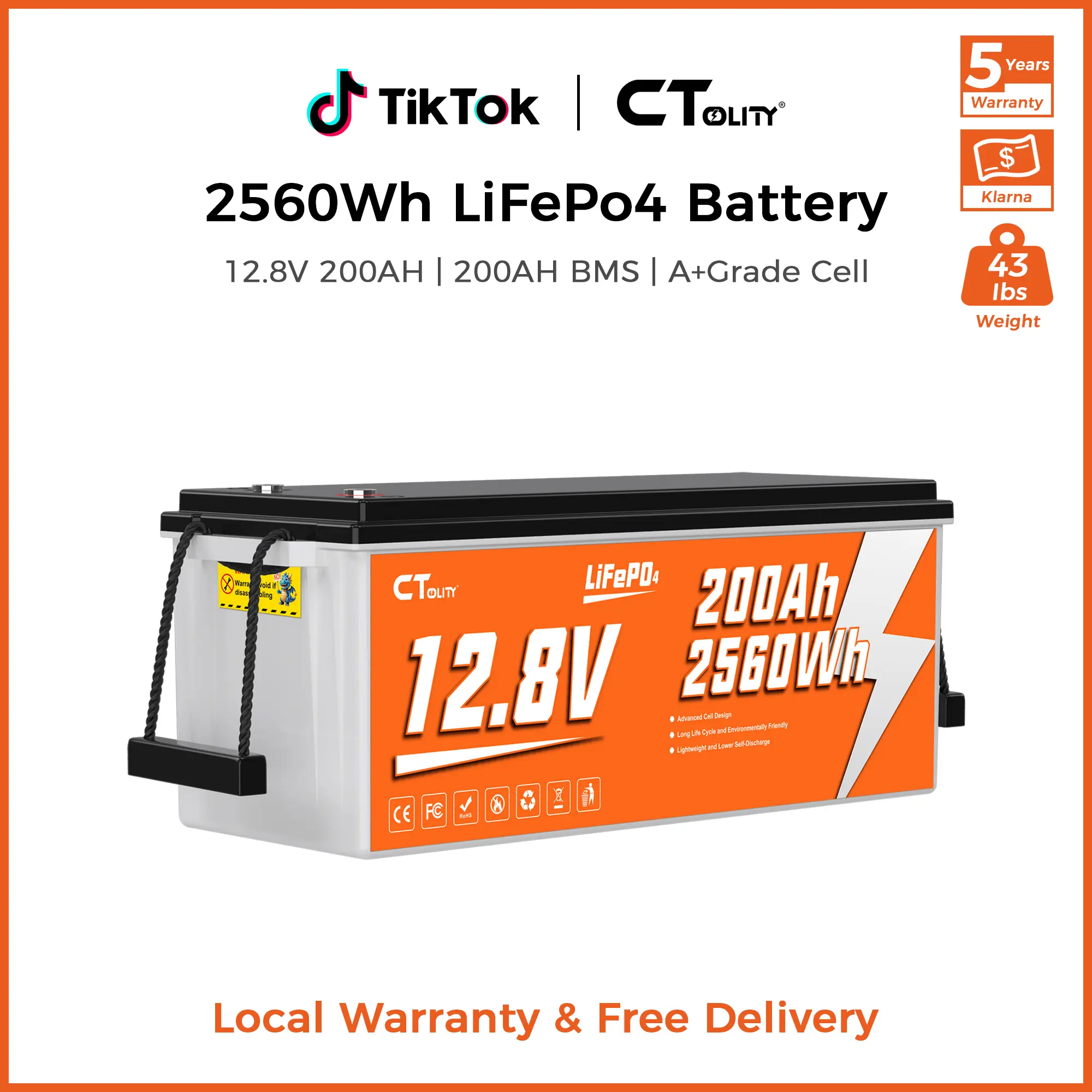 [Summerfinds]CTOLITY CT200-12 12.8V 200Ah LiFePO4 Battery Built-in 200A BMS 2560Wh A Grade Cells 4000+ Cycles Solar Generator System RV for Smartphone Charge, Lithium Battery Pack, Rechargeable Lithium Battery