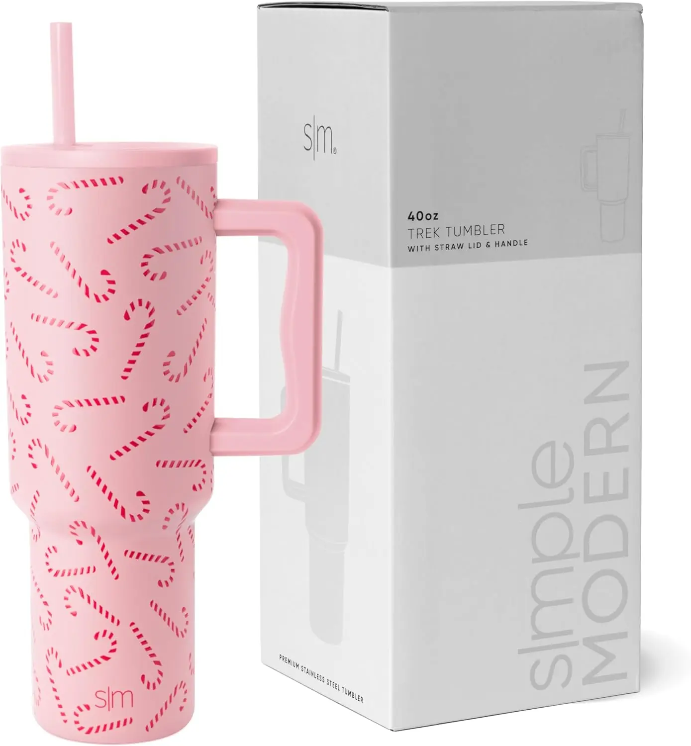 Trek Collection Pink Candy Cane Toss Insulated Stainless Steel Tumbler with Handle and Straw Lid - 40 oz - Drinkware, Flasks Water Bottles Portable
