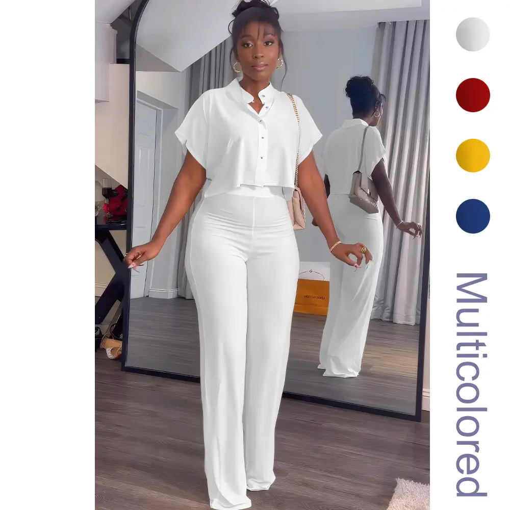 Women's Summer 2 Piece Outfits Casual Tracksuit Short Sleeve Button Down Crop Top Wide Leg Long Pant Lounge Sets
