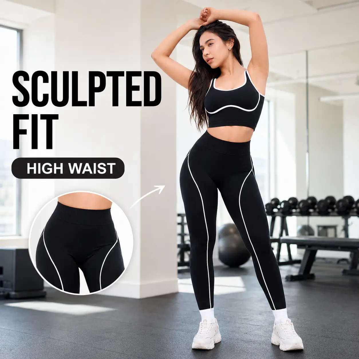 Women’s 2 Piece Yoga Workout Set, Contrast Trim Crop Tank Top & High Waist Leggings, Ribbed Stretch Gym Fitness Activewear