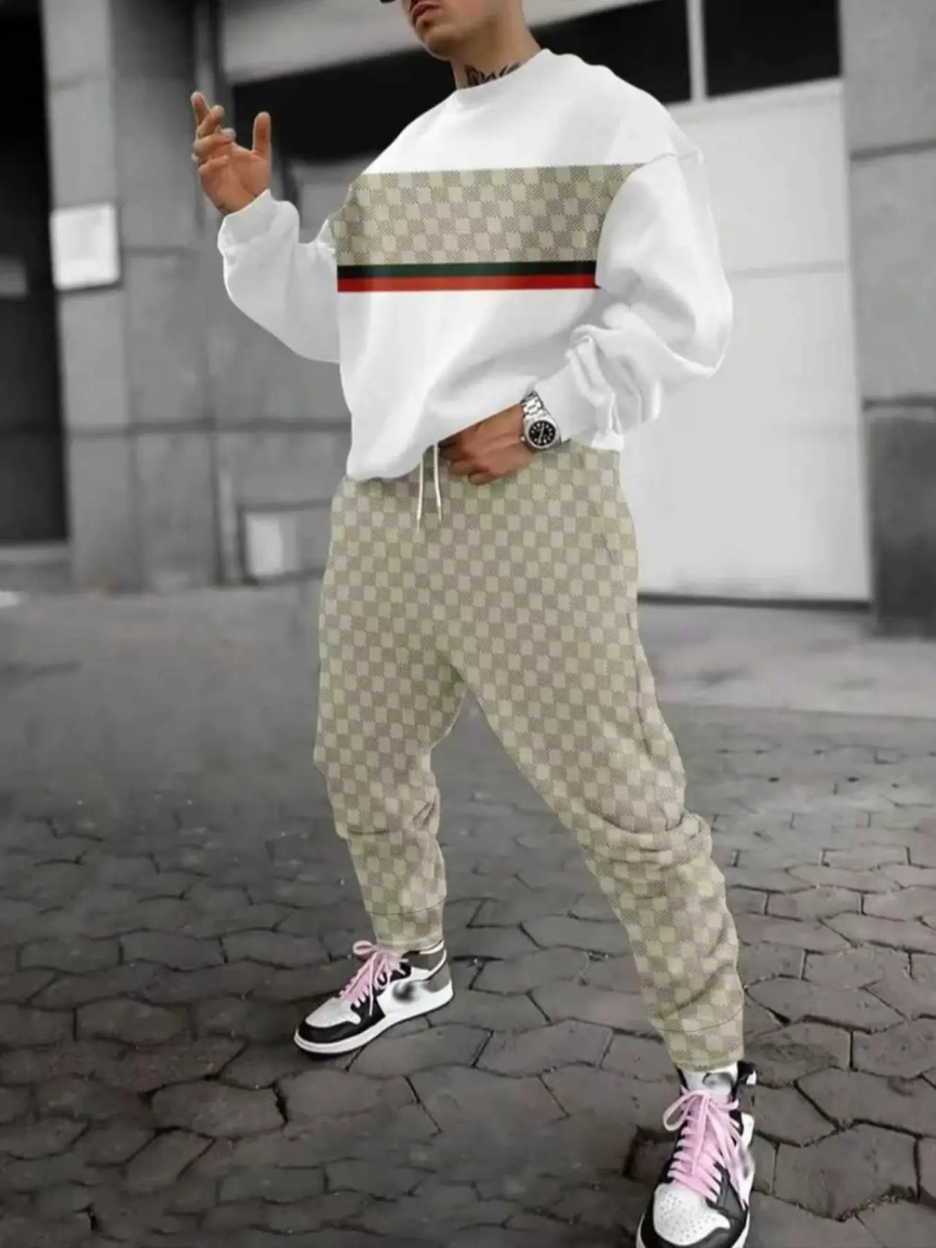 Men's Fashion Menswear Sweatshirt Set, 3D Printed Drop Shoulder Round Neck Long Sleeve Long Pants Two-Piece Outfits, Casual Fall & Winter