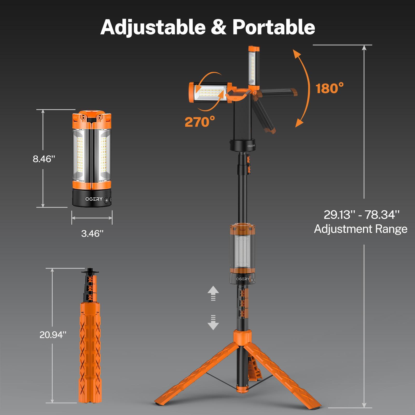 OGERY 10000mAh Camping Light with Power Bank - Rechargeable 2200 Lumens Dimmable Work Light, Emergency Light & Detachable Tripod (1.75-6.5 Ft) for Outdoor, Hiking, Home & Emergency
