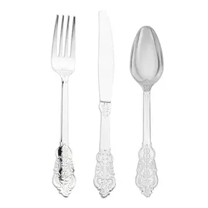 Shiny Metallic Silver Baroque Plastic Cutlery Set - 24 Spoons, 24 Forks and 24 Knives