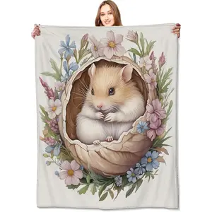 Hamster Blanket,50x60in,Cute Animal in Floral Nest Pastel Flower Throw Blankets,Gifts for Kids Girls Women, Lightweight Soft Fleece Cozy,for Sofa Couch Bed Room Travel Modern Decor