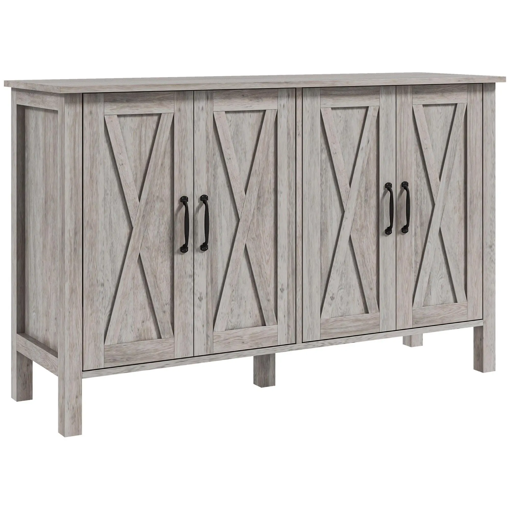 HOMCOM 47 in Chic Farmhouse Country Rustic Sideboard, Gray Wood Grain 4-Compartment Design Buffet Cabinet with 4 Barn Doors, 2 Adjustable Shelves & Double Door Indoor Coffee Bar Cupboard, 4-Compartment Design Sideboards, Adjustable Shelves Sideboards