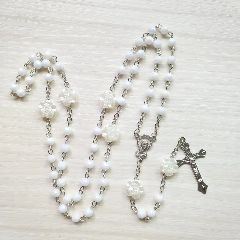 White Rose Bead Plastic Rosary Necklace - Unisex Long Religious Prayer Alloy Chain Jewelry, Jesus Cross Necklace, Chain Jewelry Necklaces