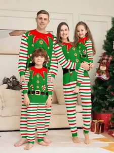 2 Piece Christmas Family Pajama Set, Cartoon Belted Top, Striped Sleepwear for Men Women Kids, Casual All Seasons