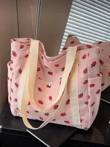 Women's Straw Print Shoulder Bag, Large Capacity Travel Outdoor Tote, Casual Multi-Pocket Top Handle Woven Handbag, Summer Commute & Outdoors, Strawberry Tote Bag, Strawberry Themed Bag