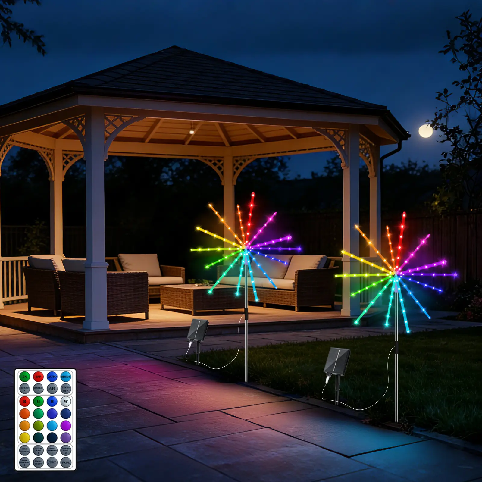 Solar Garden Firework Lights (2-Pack) - Color Changing, 84 Colors, 16 Modes, Remote-Controlled, Waterproof, Rechargeable, Timer-Equipped Starburst Lights for Friends, Family, Thanksgiving, Outdoor Gadgets, Pathway Backyard Patio
