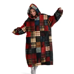 Plaid Patchwork Wearable Blanket Sweatshirt, Ultra-Soft Flannel, Unisex Comfortable Home Robe, Large Pockets, Cozy Hooded Blanket