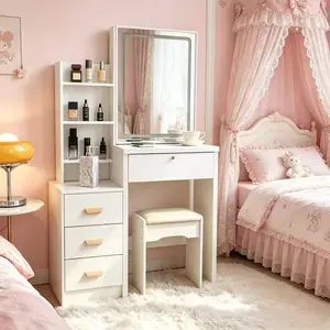 Minimalist White Vanity Table with Mirror & Drawers, Modern Makeup Dressing Table with Storage Shelves for Bedroom