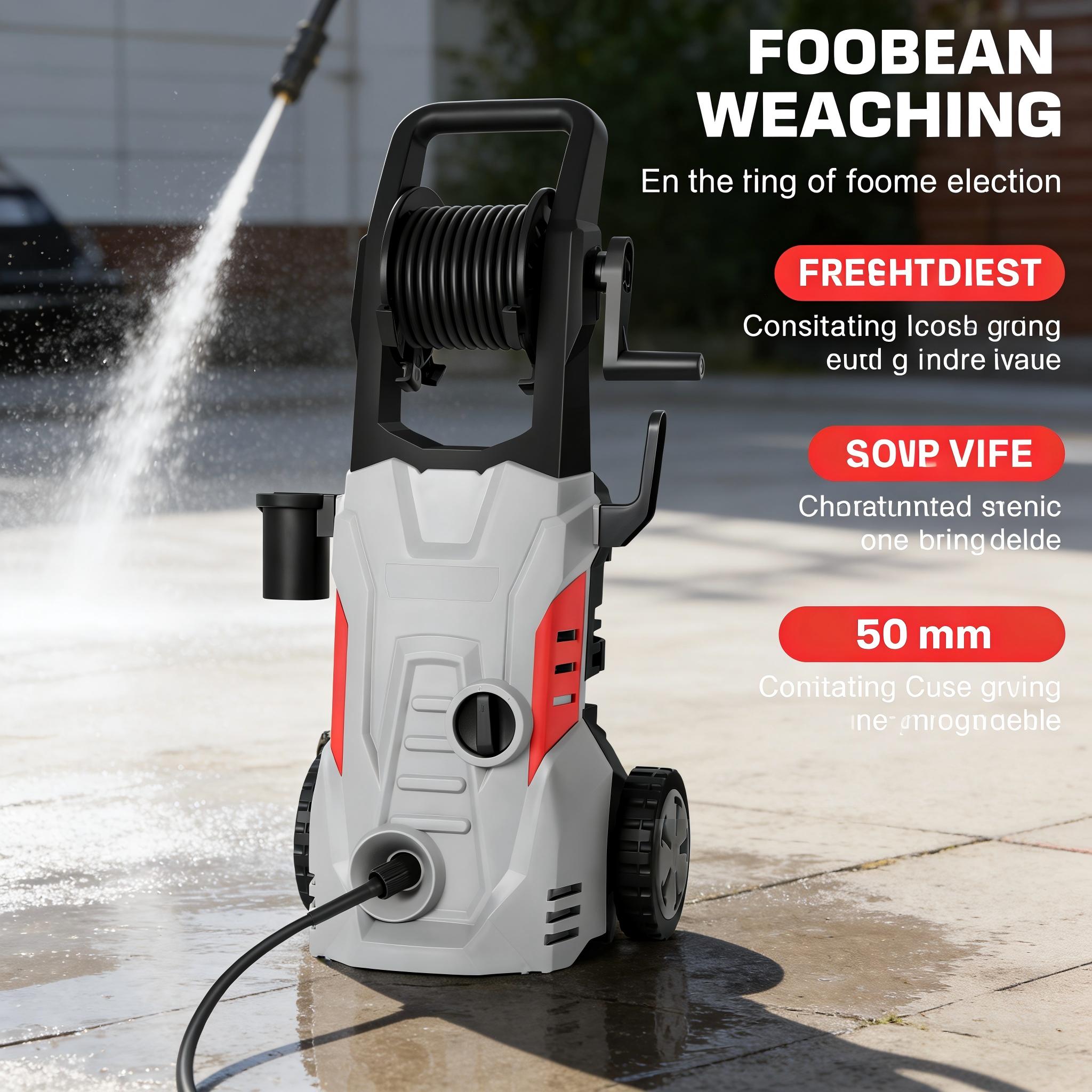 Electric high-pressure washer with adjustable spray nozzles and a hose reel, suitable for cleaning cars, yards, and fences; portable model compliant with U.S. standards.