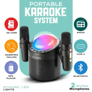 Mini Portable Karaoke Machine with Voice Changer, LED Lights, Bluetooth Speaker & 2 Wireless Mics – Sing Anywhere