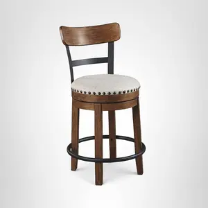 Valebeck Rustic Farmhouse Swivel Bar Stool – 24.5″ Counter Height, 360° Swivel Metal & Wood Frame, Polyester Upholstery – Brown
