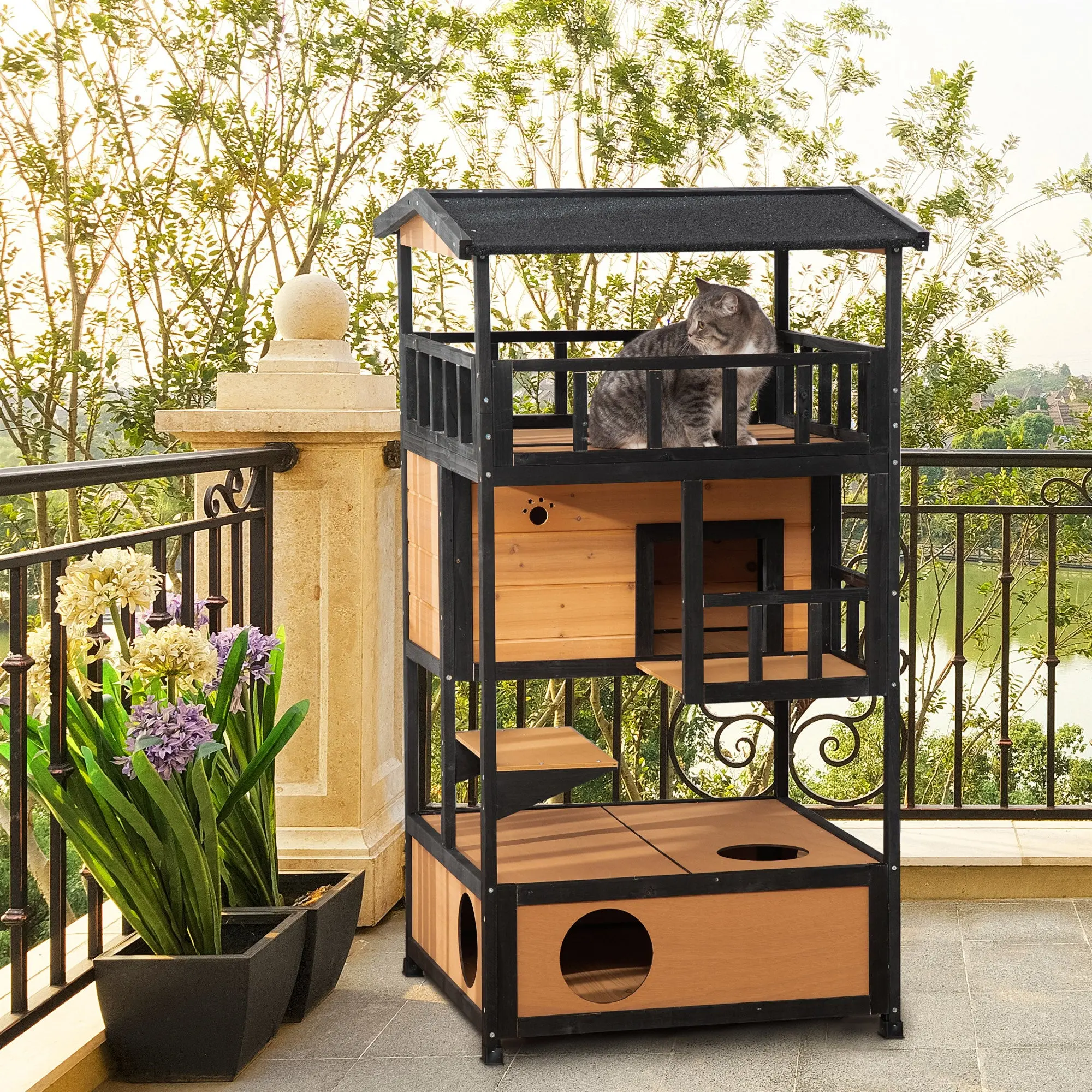 Outdoor Condo Playhouse, Solid Wood Shelter For Outdoor Cats, Easy To Assemble