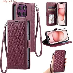 Grid Strap Leather Protective Case for Motorola Moto G86 G36 G06 G56 G57 G67 Power G05 G15 E15 G35 G55 G85 G54 G04 G24 Case Wallet Cover Accessories