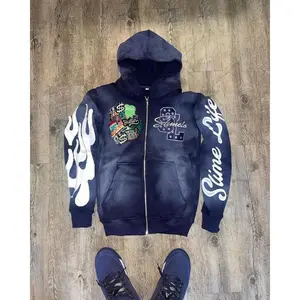 Men’s Retro Harajuku Fashion Brand Oversized Zip-Up Hoodie with Colorful Personalized Lettering — Casual Loose Fit, Men’s Top