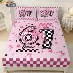 67 Internet Meme Theme 3pcs (1* fitted sheet, 2* pillowcases, without filling) bedding set, Soft bedding sets, featuring pink bows, leopard print, checkerboard, soft and comfortable, suitable for home decor, can be used as a gift