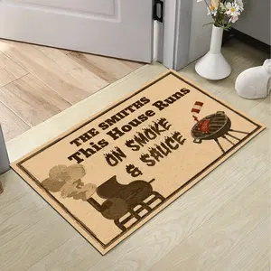 Personalized BBQ Doormat with Family Name - "This House Runs on Smoke & Sauce" - Custom Grilling Welcome Mat for Pitmasters - Non-Slip Indoor Outdoor Rug - Great Father's Day or Housewarming Gift