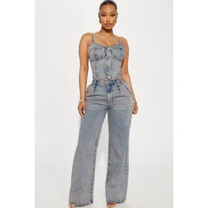 Women's Cassie 2-Piece Denim Pant Set - Vintage Wash, Spaghetti Strap Top, Cotton Fabric, Belt Accent, Zipper Closure