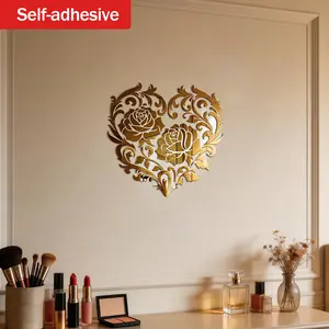 Mirror Rose Heart Art Self-Adhesive Wall Hanging Makeup Mirror, Romantic Decorative Wall Mirror for Living Room Bedroom, Luxury Atmosphere