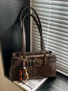 Women's PU Fabric Shoulder Bag, Fashionable Buckle Decoration, Vintage High-End Handbag, Dual Handle Design, Zip Closure, Office, College, Travel, Pu Tote Satchel