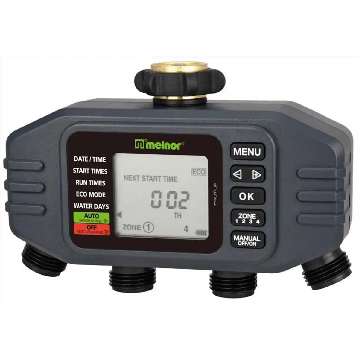 Melnor 7043203 Programmable 4-Zone Digital Garden Water Timer - User-Friendly Interface Irrigation Controller with Eco Mode, Dirt-Resistant Valve, Water Usage Tracking, Rain Delay, 1.26 lbs, Included Batteries for Outdoor Walkway Watering