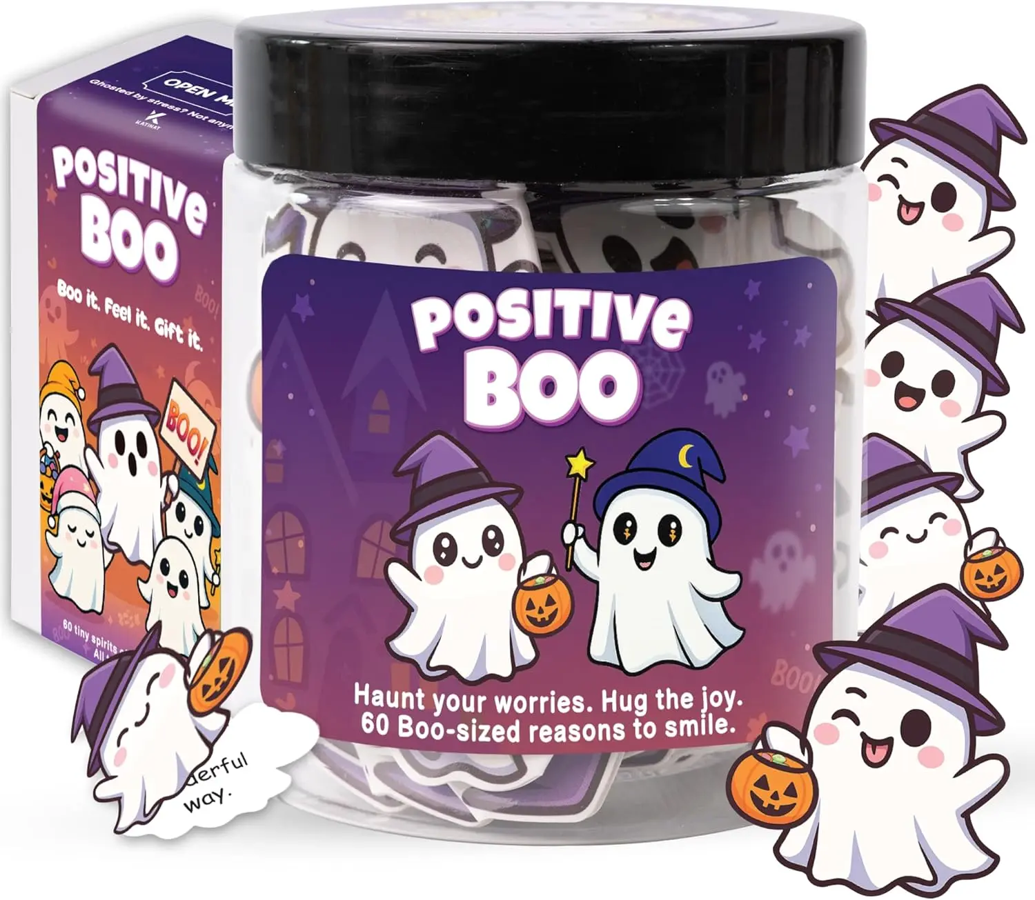 Positive Ghost Affirmation Jar – Gifts for Kids, Teens, Women – 60 Cute Ghost Cards for Emotional Support, Glow in the Dark Decor, Trick or Treat Basket Stuffer