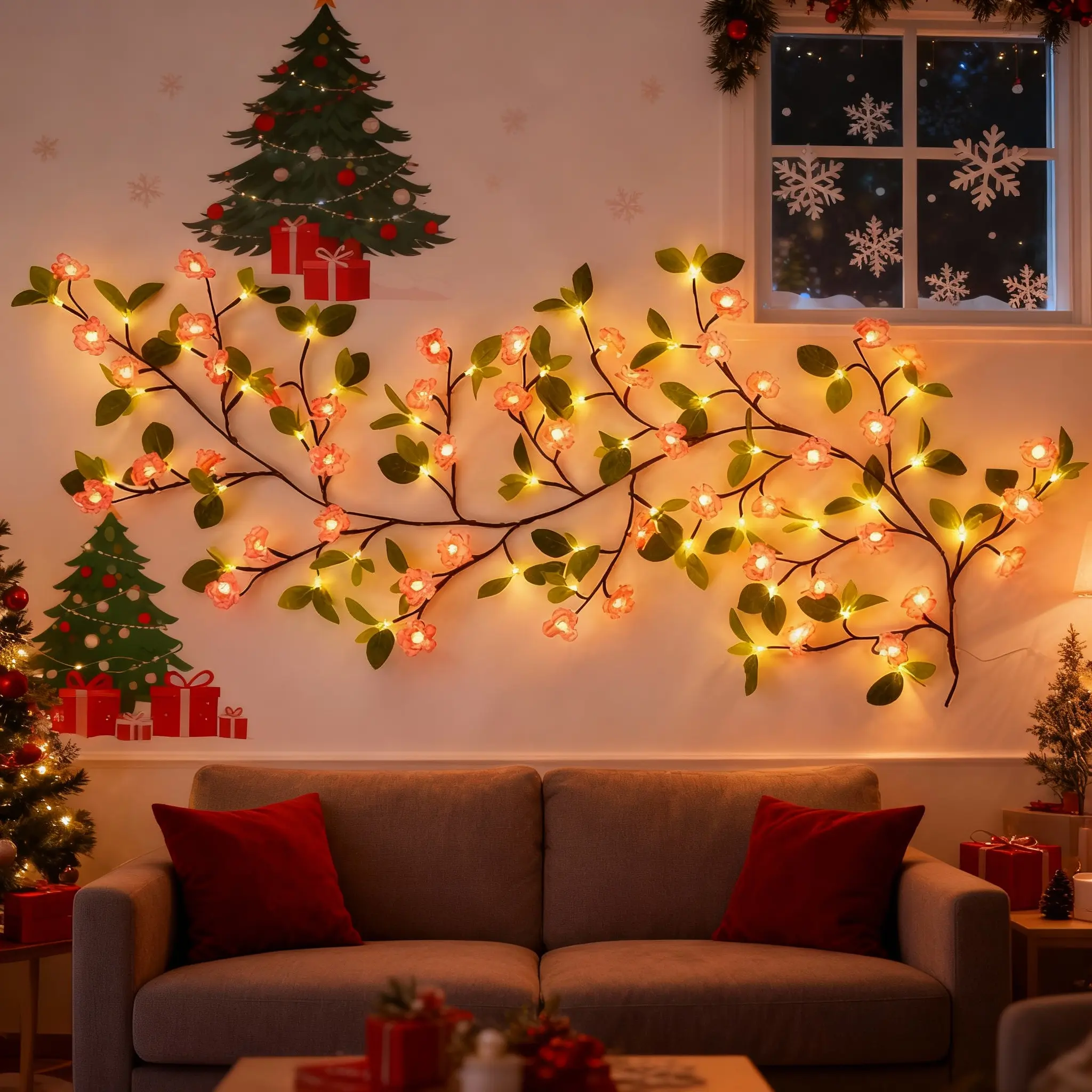 1 DIY Peach Blossom Green Leaf Rattan Light 5.9 ft (1.8 m) with 96 LEDs Flexible and adjustable vine-style lighting 8 flashing modes USB-powered Indoor ambiance decor light Perfect for bedrooms, living rooms, walls, parties, holidays, weddings, and more