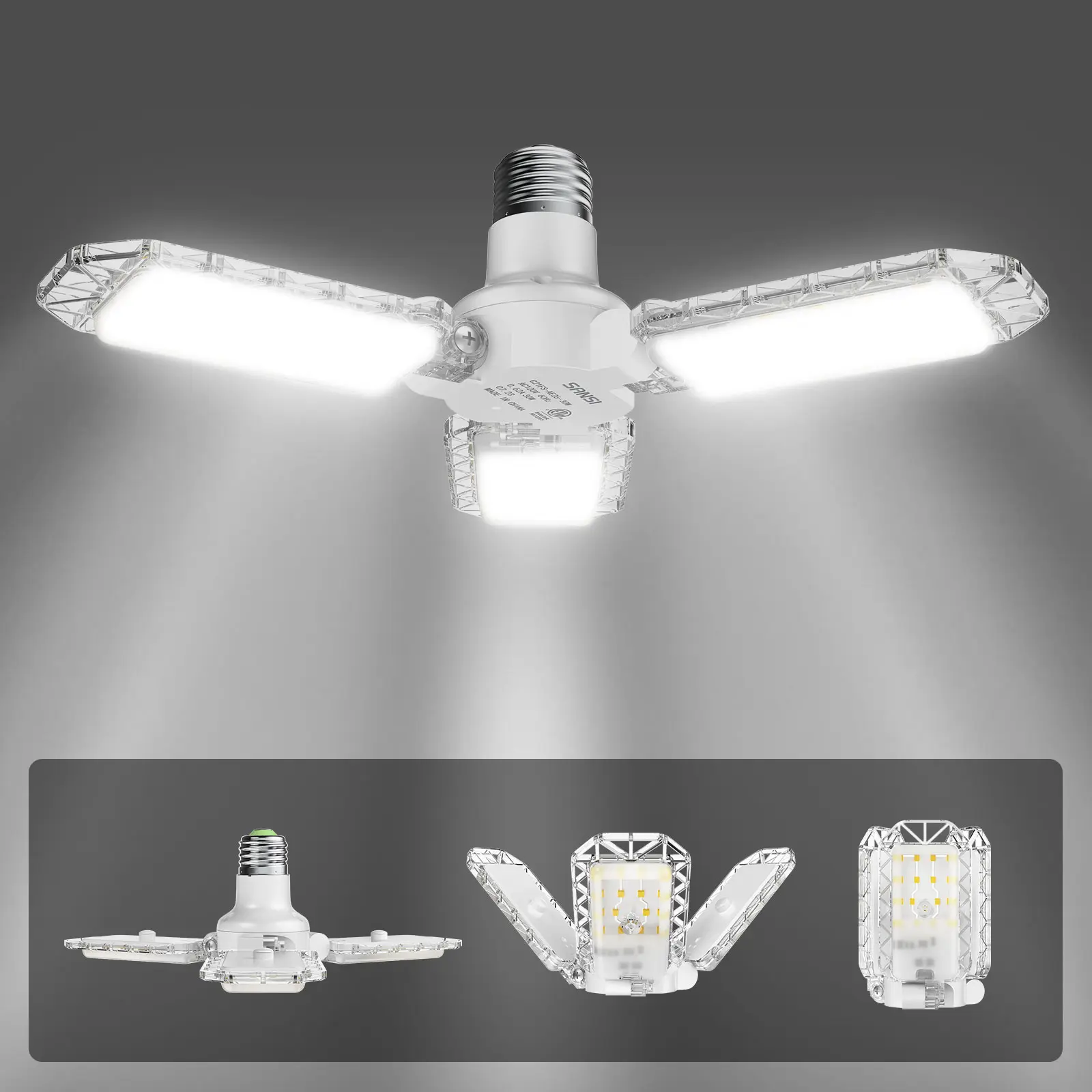 SANSI Garage Ceiling Light 30W LED Deformable 3300LM 5000K Daylight White with 3 Adjustable Panels, ETL Certified, Screw in E26 Bulb Socket